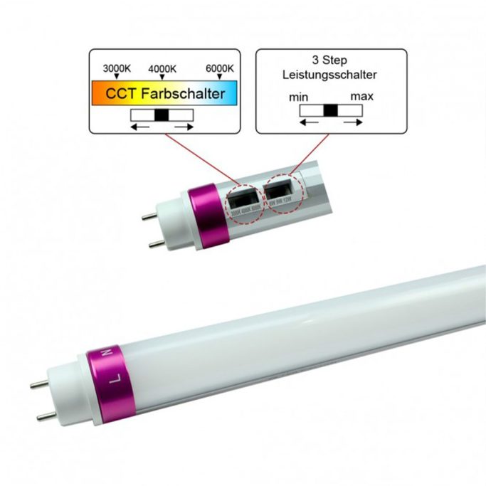 LED-Röhre mit CCT-Farbschalter und zwei Leistungsstufen.