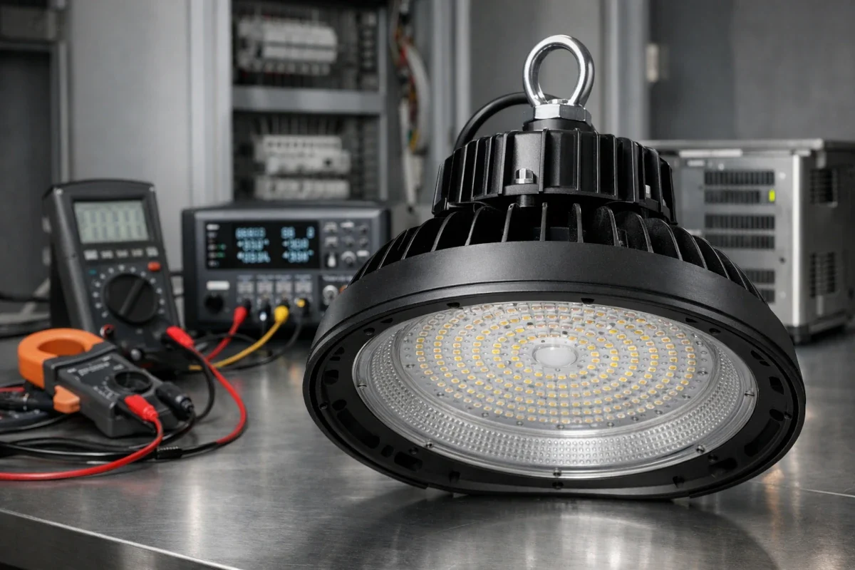 LED Industriebeleuchtung mit technischem Fokus auf elektrische Effizienz und Leistungsfaktor