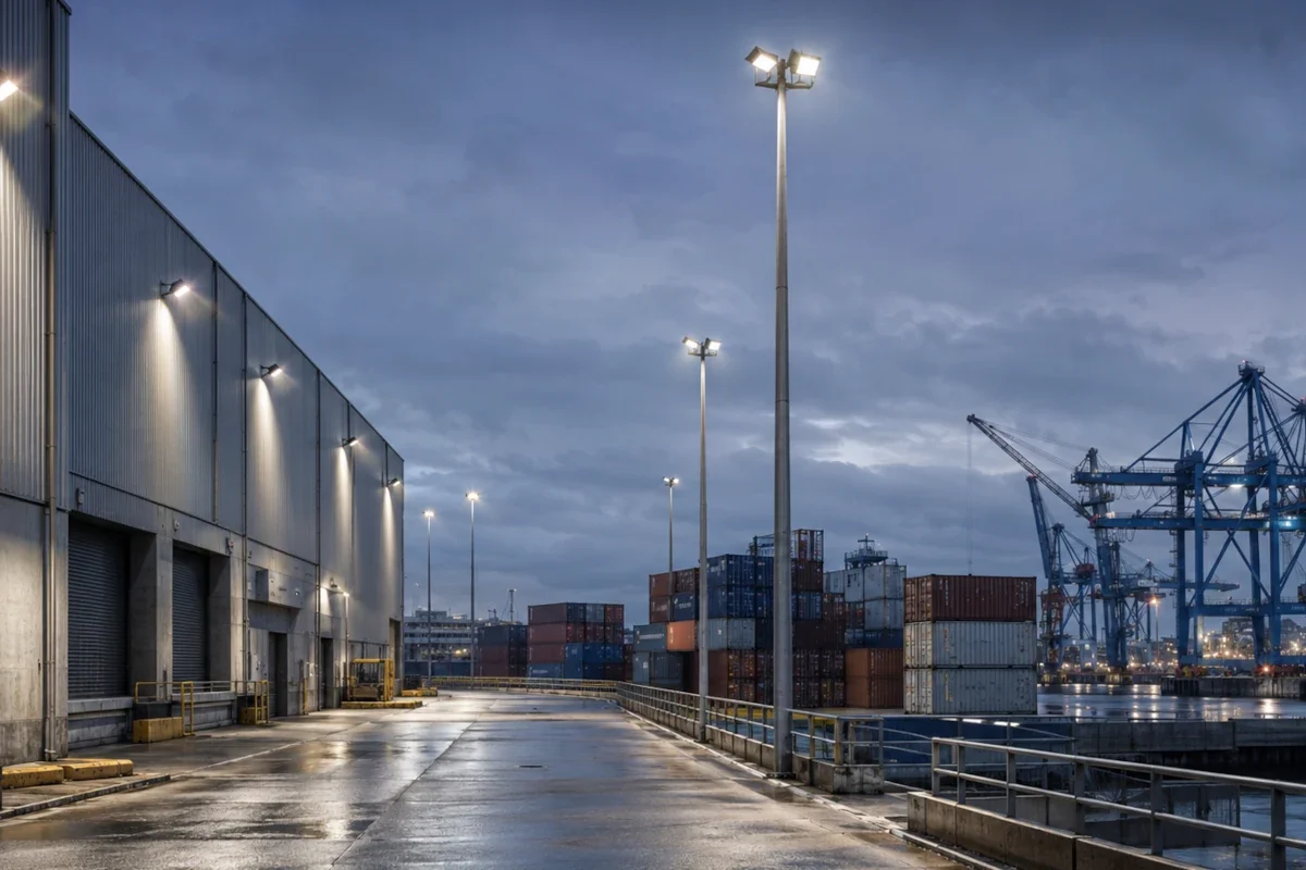 LED Flutlichtstrahler über Containerfläche, Hafenlogistik und technischer Außenanlage in Hamburg