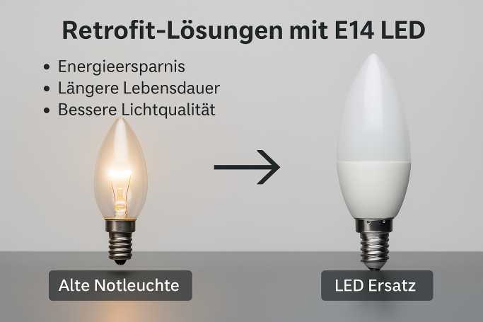 Vergleich zwischen alter Glühlampe und E14 LED-Lösung mit Vorteilen.