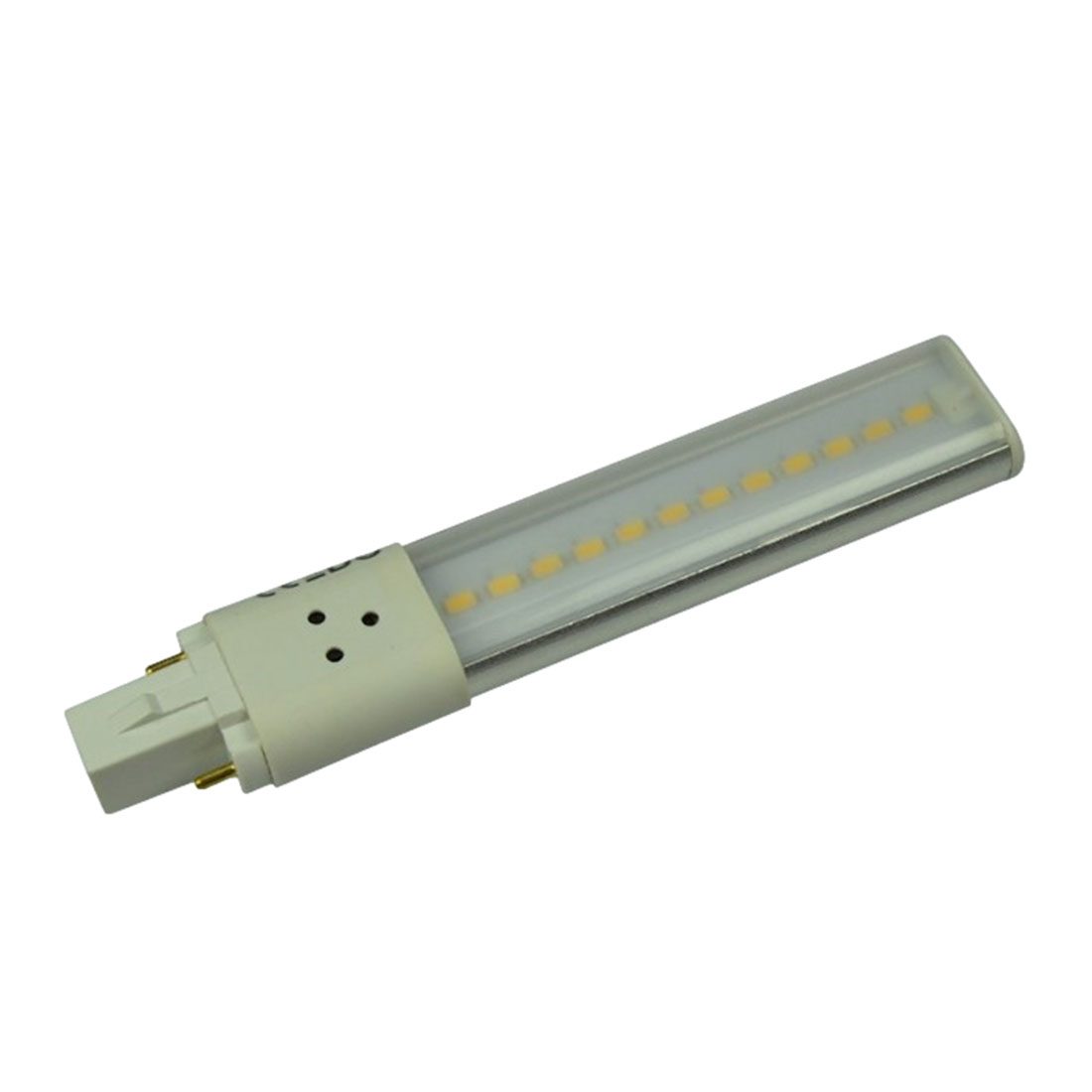 LED-Kompaktleuchtstofflampe mit zwei Anschlüssen und transparenter Abdeckung.