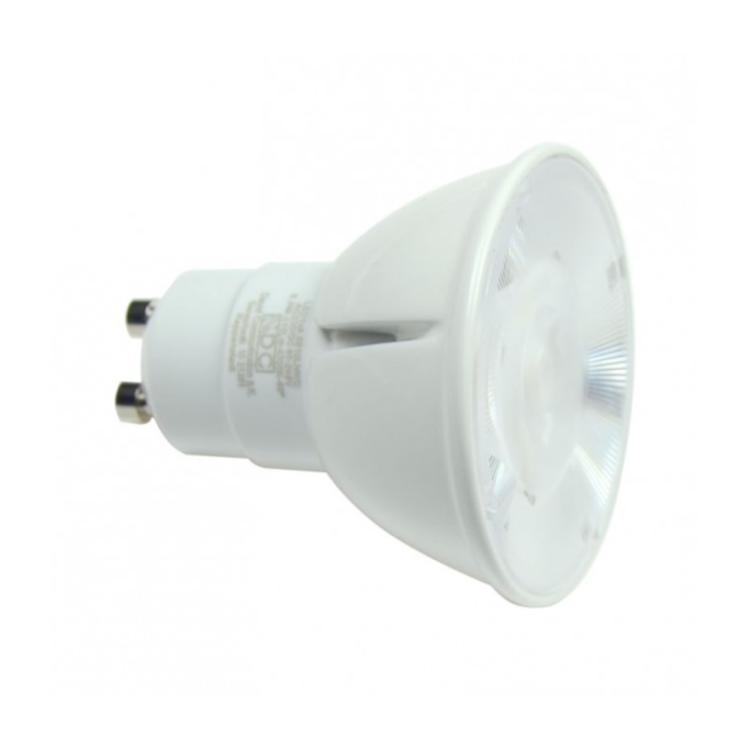 LED-Lampe mit GU10-Sockel, weiß und rund, für direkten Lichtauslass.