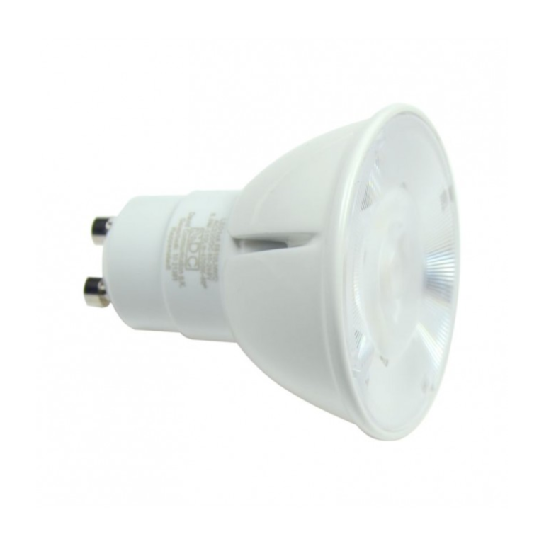 Weiße LED-Lampe mit GU10-Sockel und rundem Glasschutz.