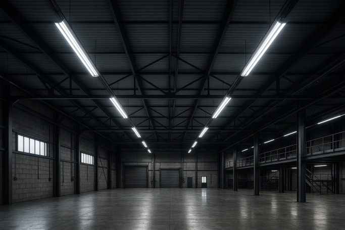 Ein leerer Industrie-Hallenraum mit hohen Decken und großen Fenstern.