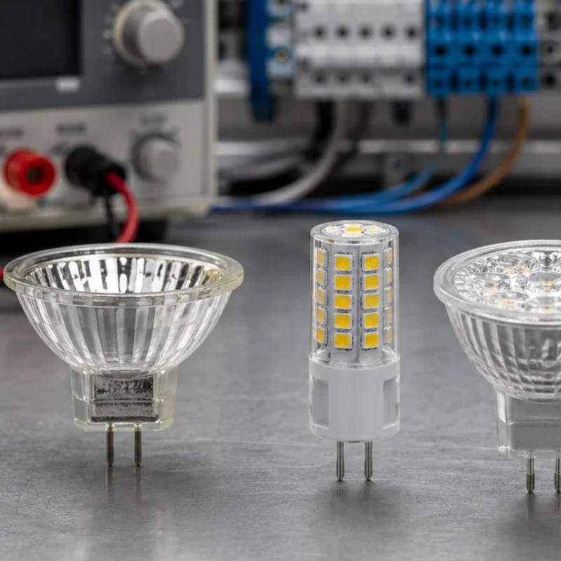 Niedervolt-LED-Retrofit mit G4 GU4 und GU5.3 Leuchtmitteln auf technischer Prüfbank