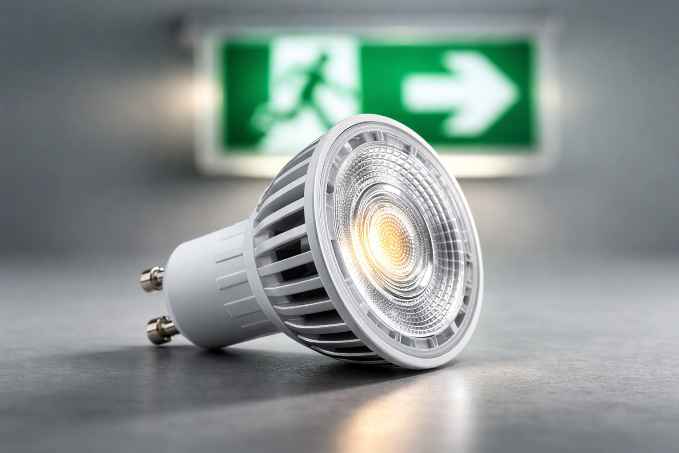 GU10 LED Spot für Notbeleuchtung mit warmweißem Licht und Rettungszeichen im Hintergrund