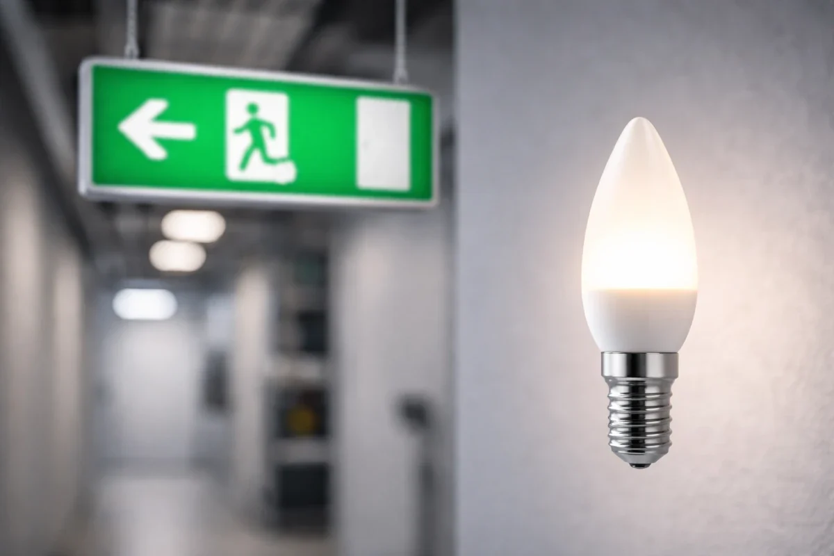E14 LED Leuchtmittel für 230V in einer technischen Wandlampe in gewerblicher Umgebung