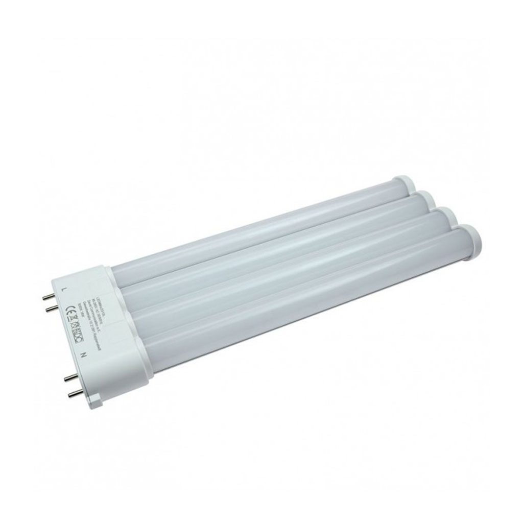 LED-Ersatz für 2G10-Kompaktleuchtstofflampen prüfen LED-Ersatz für 2G10 Kompaktleuchtstofflampe in einer geöffneten technischen Bestandsleuchte