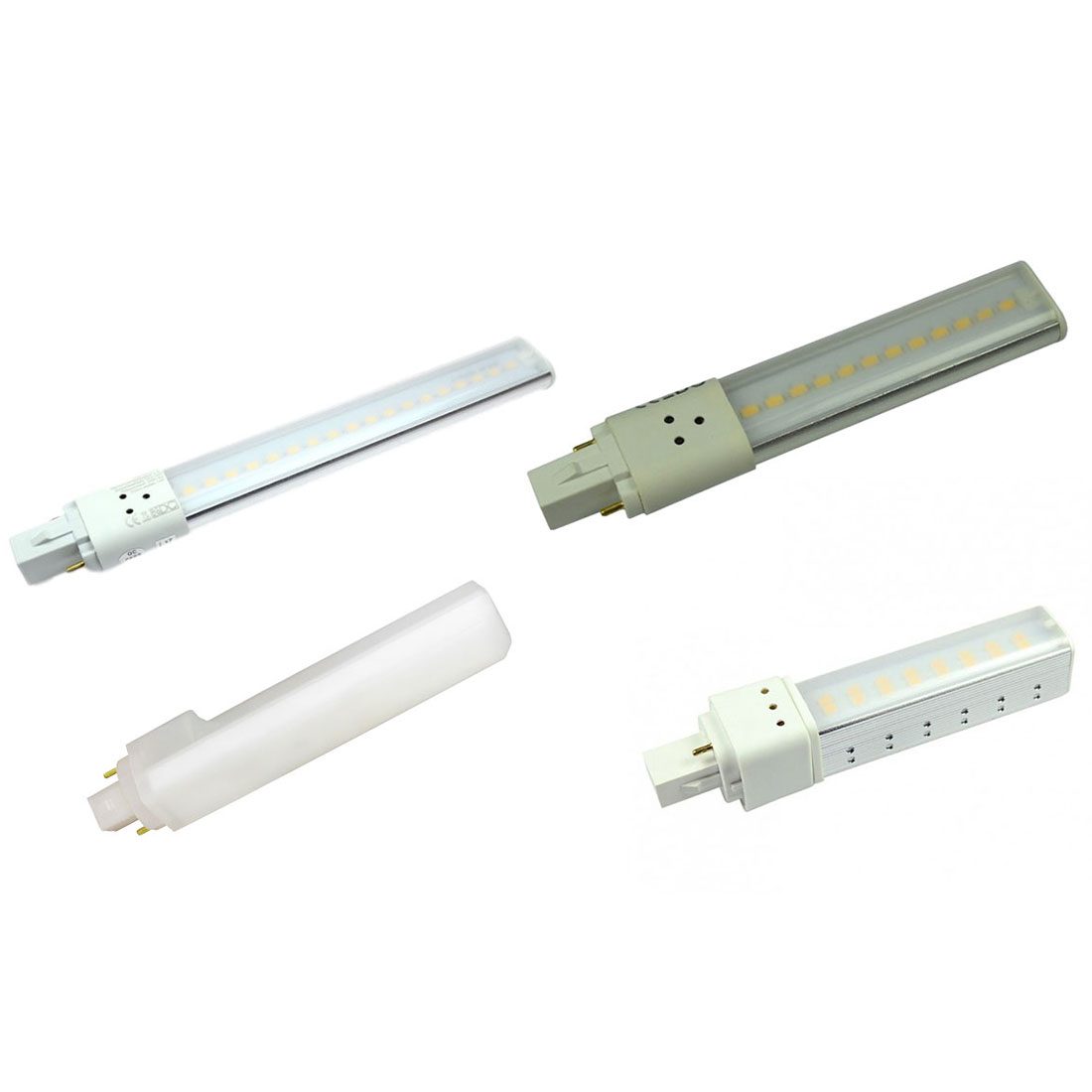 Vier LED-Kompaktleuchtstofflampen mit unterschiedlichen Farben und Designs.