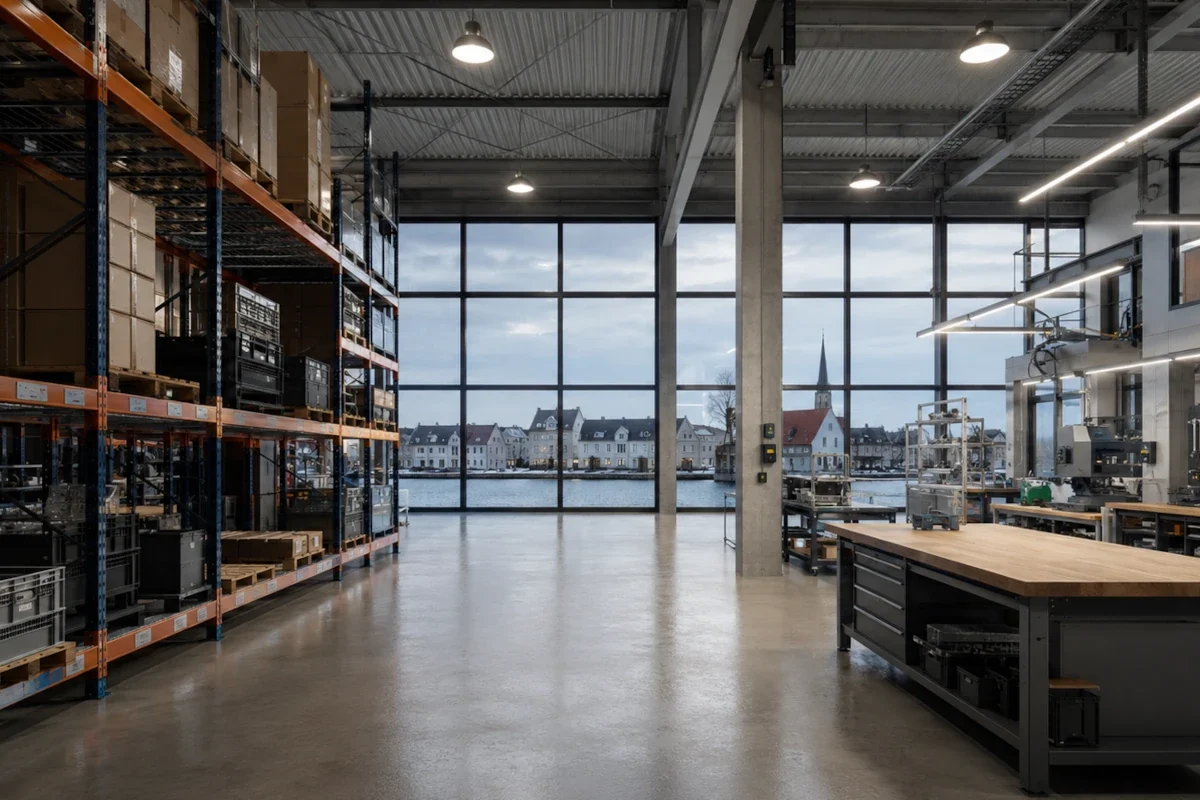 LED-Leuchten in norddeutscher Gewerbehalle mit Lagerbereich, Küstenarchitektur und technischer Installation