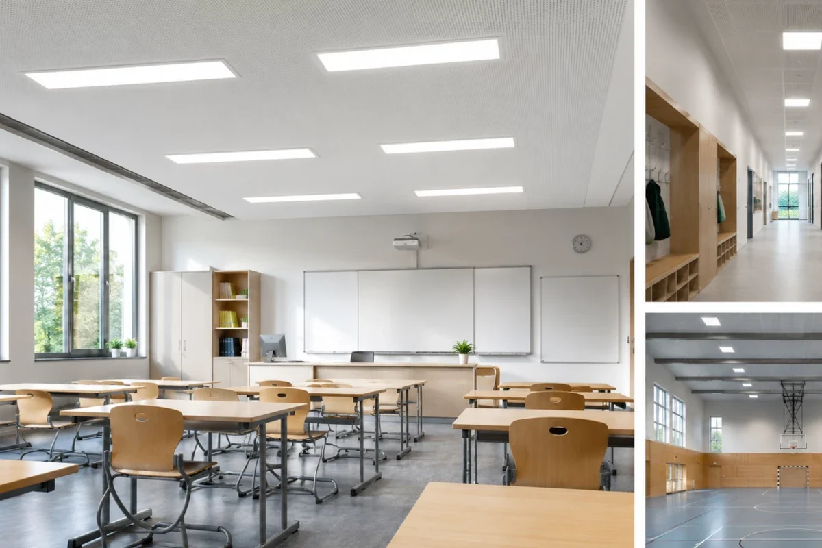LED-Leuchten in modernem Klassenraum mit Flurbereich und Schulgebäude in Sachsen