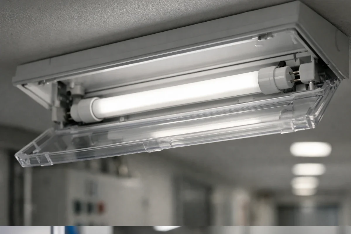 T8 LED 60cm (600mm) Retrofit-Röhre mit G13-Sockel in gewerblicher Deckenleuchte