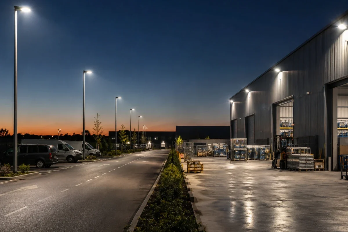 LED Straßenleuchte entlang einer Zufahrt und LED Flutlichtstrahler über einem Werkhof mit Parkplatz und Lagerfläche