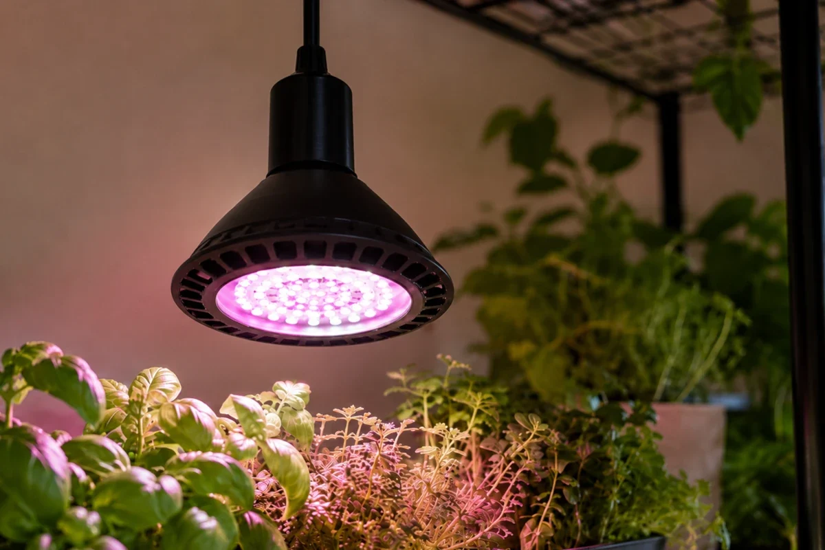 PAR38 E27 LED Pflanzenlampe über einem Pflanzenregal mit grünen Indoor-Pflanzen