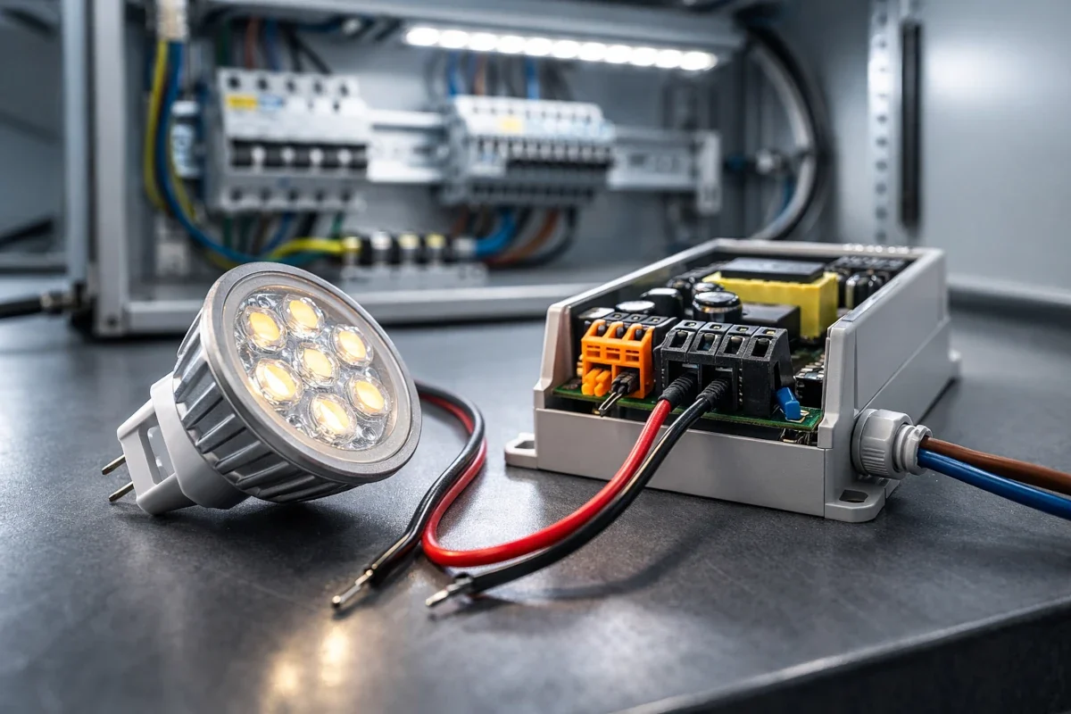 12V LED-Leuchtmittel neben LED-Netzteil in technischer Umgebung mit sichtbaren Anschlussklemmen