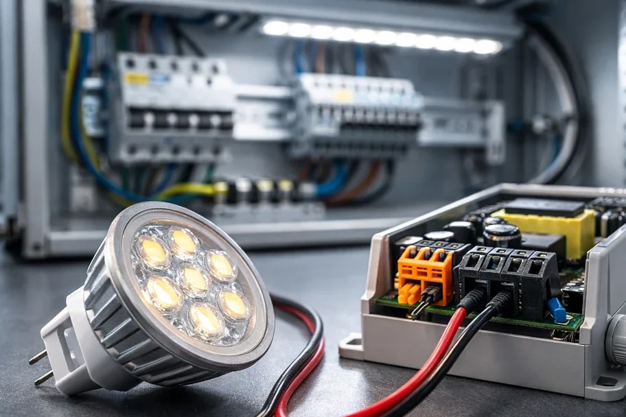 12 V Halogentrafo für LED-Leuchten auf Mindestlast und Kompatibilität prüfen 12 V Halogentrafo mit LED-Leuchtmittel und Anschlussklemmen zur technischen Prüfung