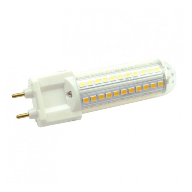 LED-Kompaktleuchtstofflampe mit G12-Sockel, transparentem Gehäuse und vielen Leuchtdioden.