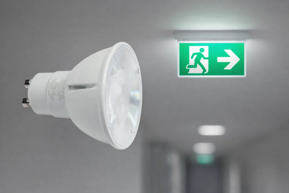 GU10 LED Spot für Notbeleuchtung mit Rettungszeichen im Flur und gerichteter Ausleuchtung