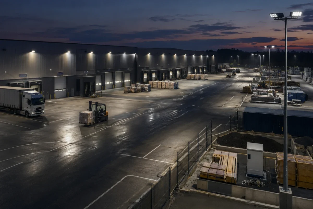 Mehrere LED Flutlichtstrahler auf einem Werkhof mit Ladezonen, Fahrzeugen, Materialflächen und unterschiedlichen Lichtbereichen