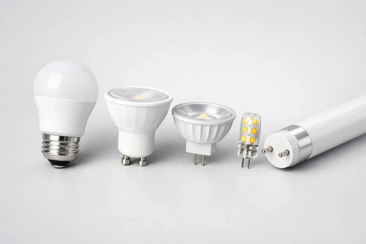 Vergleich mehrerer LED-Sockeltypen mit sichtbaren Gewinden, Pins und Bajonettkontakten