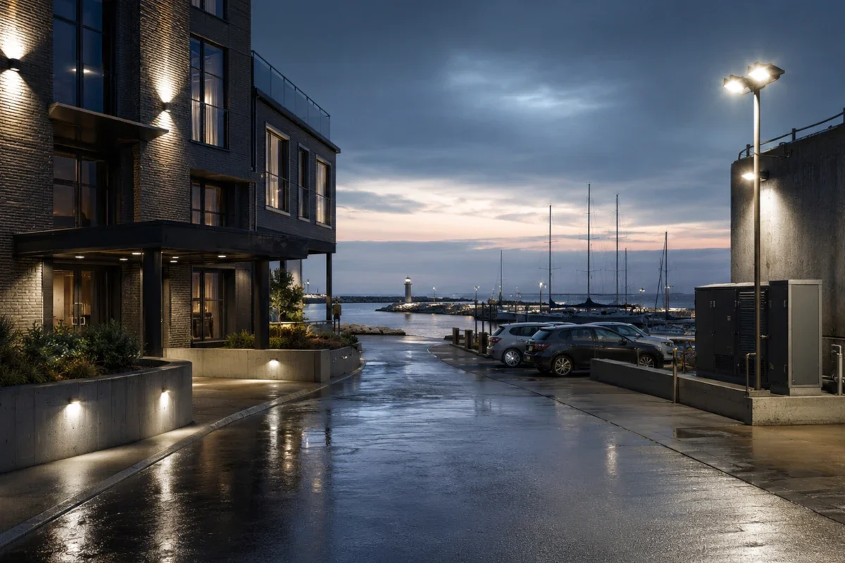 LED Flutlichtstrahler für Ostsee Küste Hafen Hotel Außenanlage und technische Bereiche prüfen LED Flutlichtstrahler an einer küstennahen Außenanlage mit Zufahrt, Hoteltechnik und Hafenatmosphäre