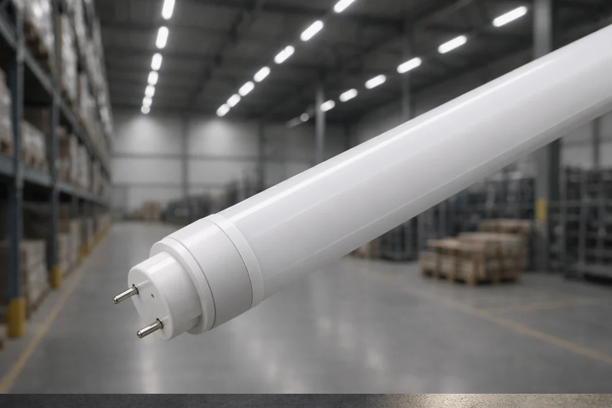 T8 LED Röhre mit opaler Abdeckung in Lagerhalle für Industriebeleuchtung