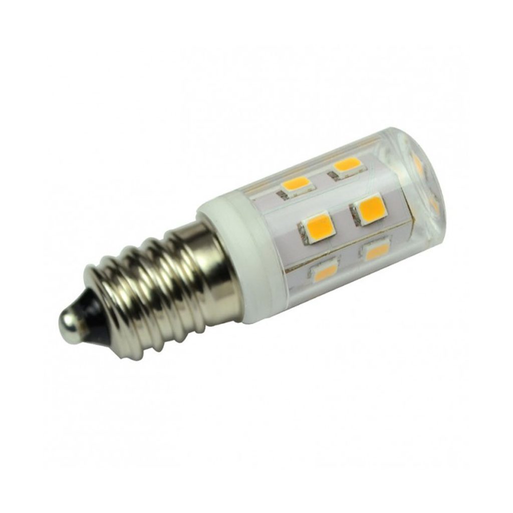 LED-Lampe mit E14-Sockel, transparente Abdeckung und mehrere Lichtquellen.