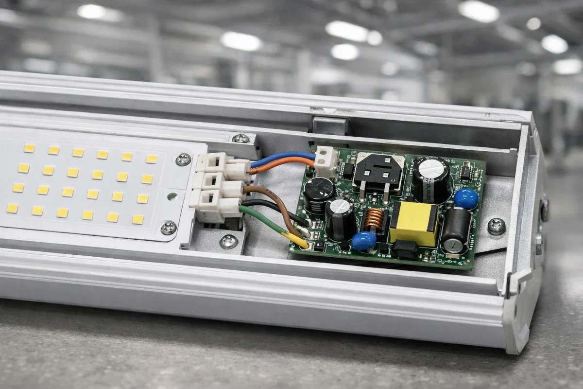 LED-Treiber mit AC-zu-DC-Umwandlung für industriellen Netzbetrieb Geöffnete LED-Leuchte mit sichtbarer Treiberelektronik und Anschluss an 230V Wechselspannung