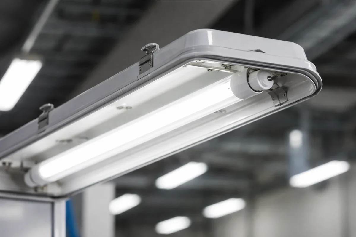 T8 LED Retrofit-Röhre mit G13-Sockel in geöffneter Deckenleuchte im gewerblichen Bestand