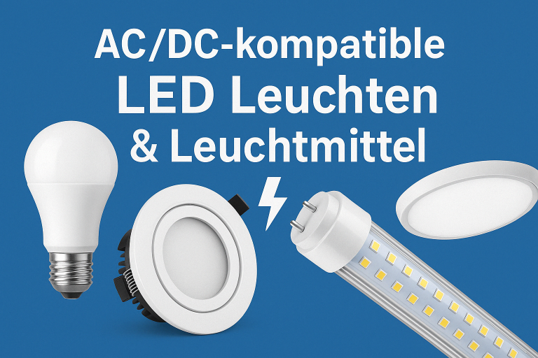 AC/DC-kompatible LED-Leuchten und Leuchtmittel auf blauer Hintergrund.
