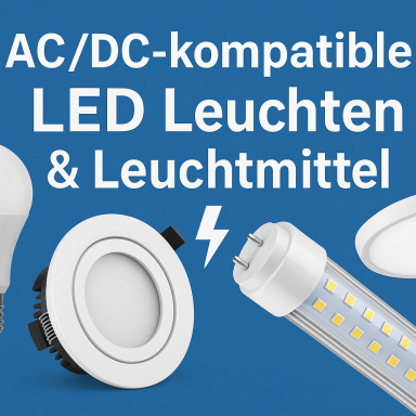 AC/DC-kompatible LED-Leuchten und Leuchtmittel in verschiedenen Formen.