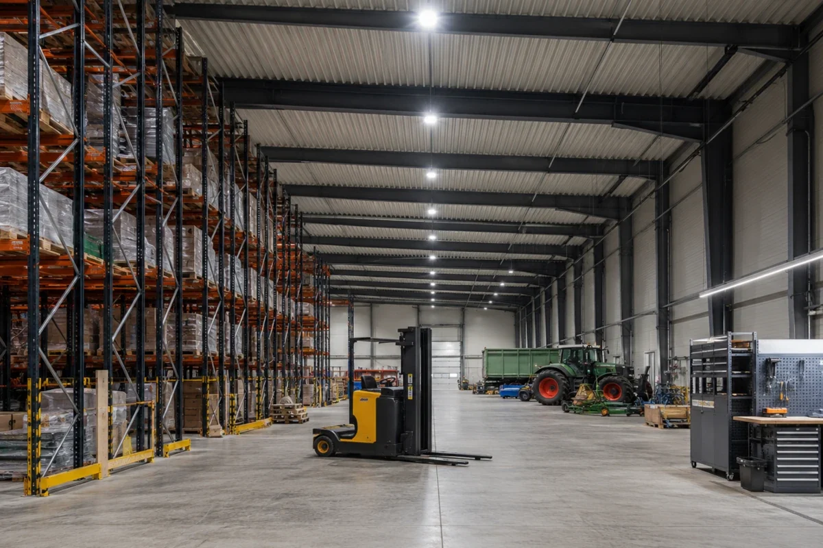 LED-Linearleuchten und Highbay-Leuchten über Lagerregalen, Werkstattfläche und Hoflager in Norddeutschland