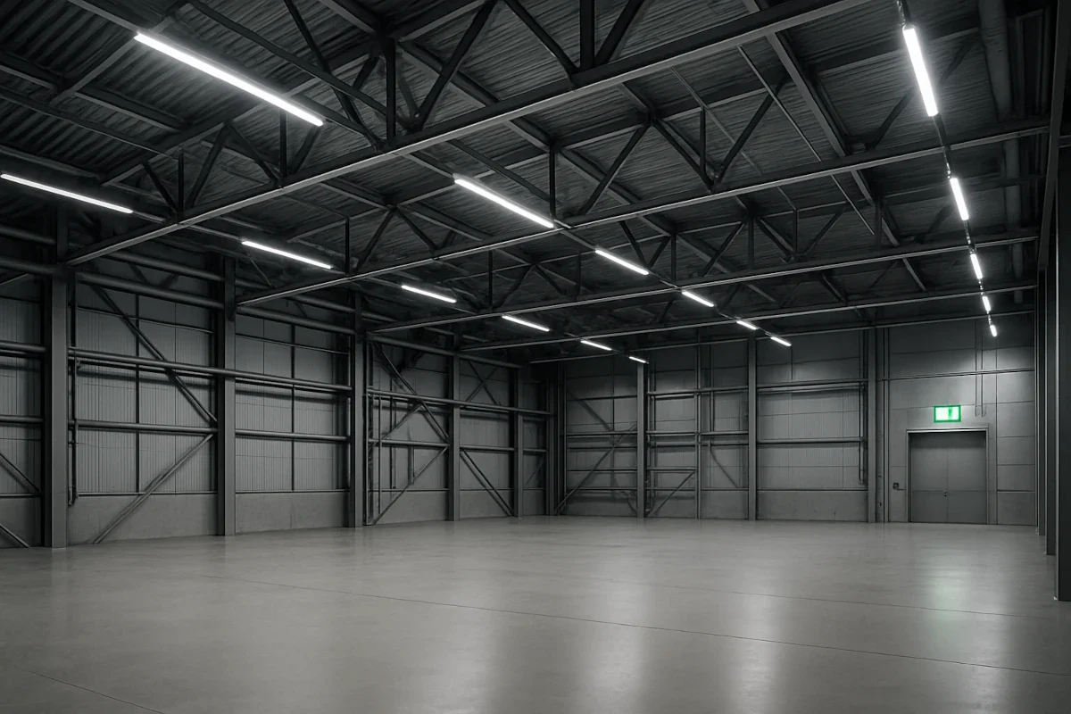 Industriehalle mit LED-Röhrenbeleuchtung und einer grün beleuchteten Notausgangsleuchte über einer Tür.