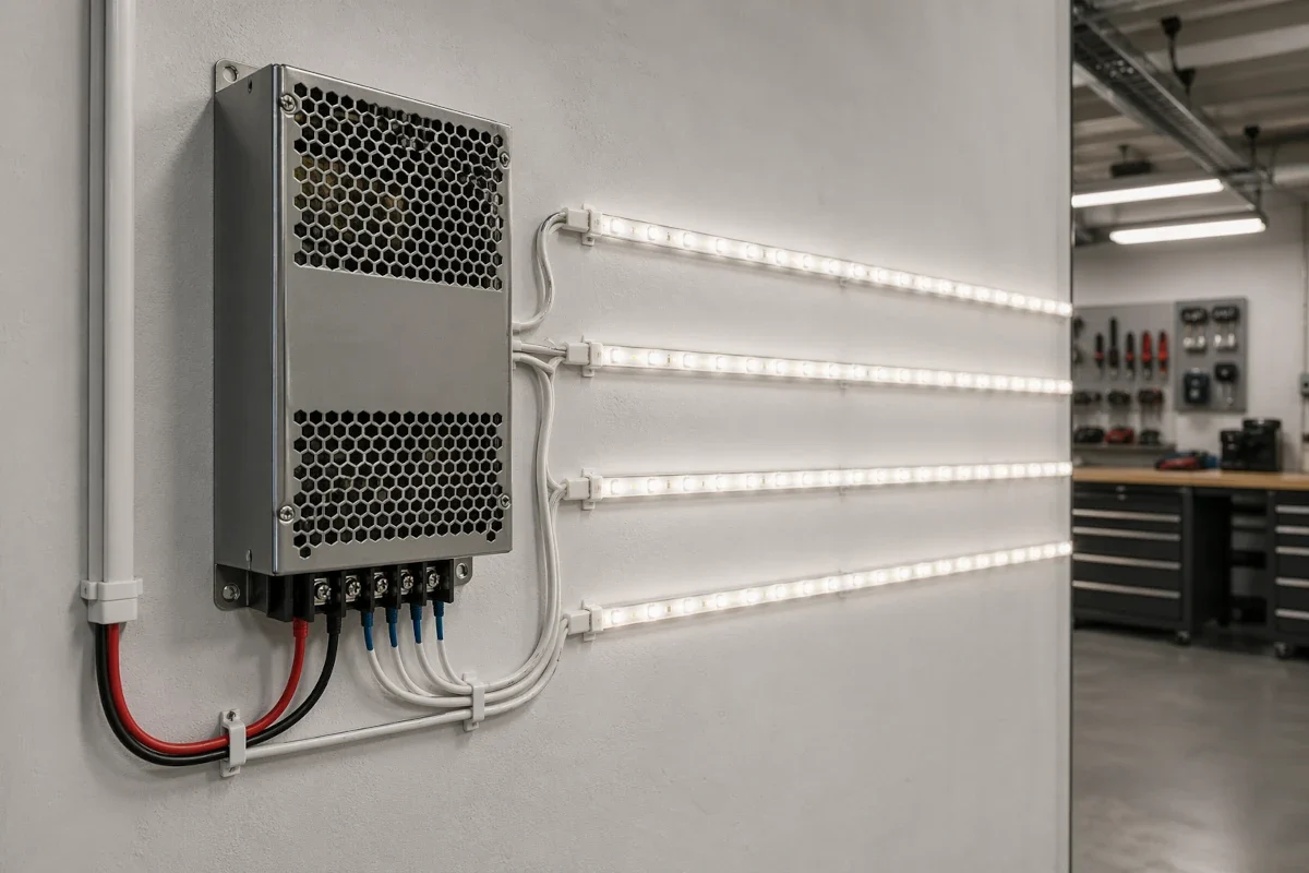 24V LED Netzteil angeschlossen an LED Installation mit sichtbarer Verkabelung