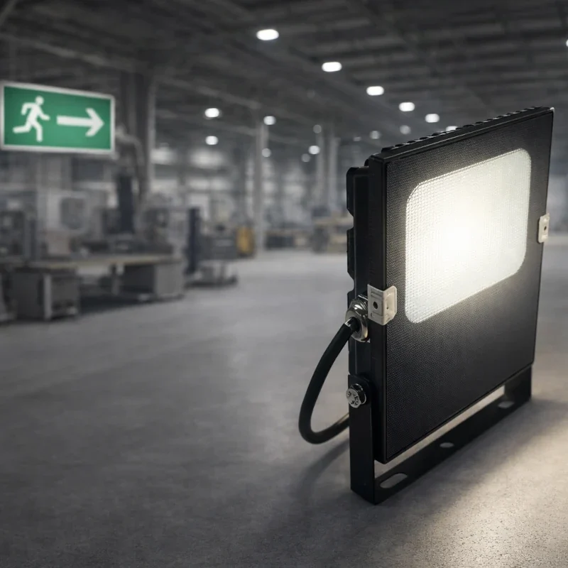LED Hallenbeleuchtung in Industriehalle mit hoher Decke und gleichmäßiger Ausleuchtung